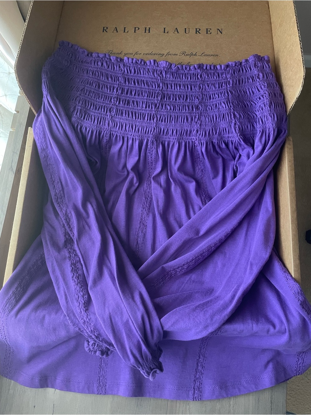 Ralph Lauren Off-Shoulder Smocked Blouse w/Box, Women’s XS (fit S) Pretty lilac